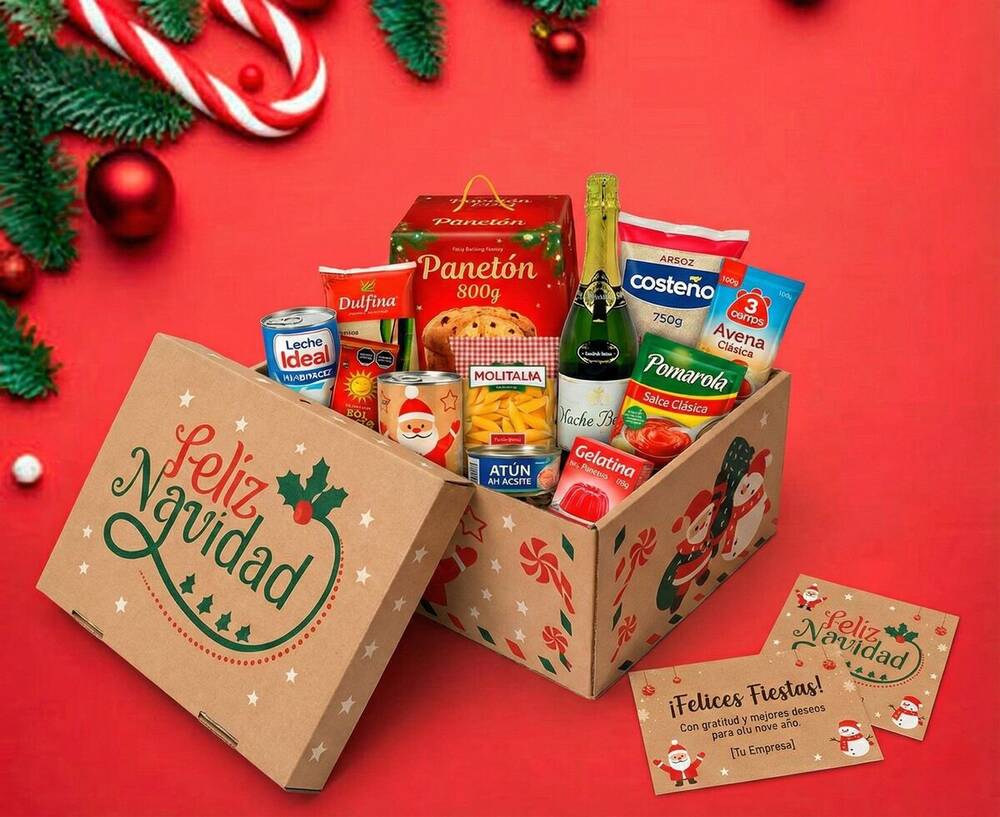Canasta navideña kraft con productos